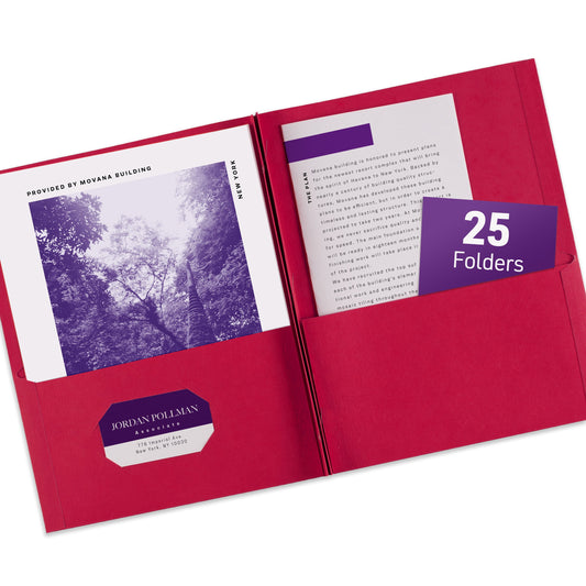 Two Pocket Folders with 3 Prong Fasteners, 25 Red Folders (47979)