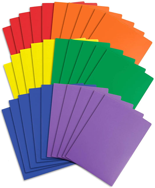 Two Pocket Plastic Folders, Assorted Colors, Durable Plastic Folders with Pockets, Letter Size with Business Card Slot, Bulk 30 Pack