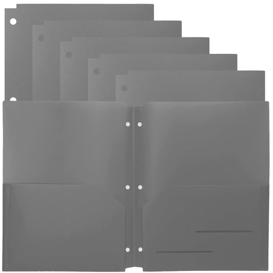 Youngever 6 Pack Heavy Duty Plastic Two Pocket Folders, Binder Dividers with Pocket, 3 Hole Punch Folder with Notches, Binder Folders (Grey)