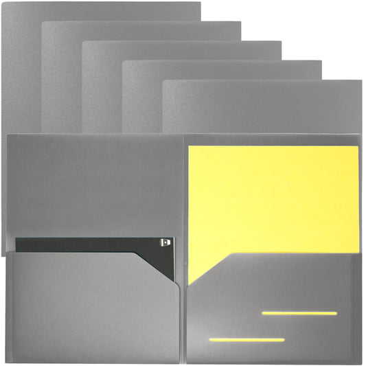 Youngever 6 Pack Heavy Duty Plastic Two Pocket Folders, Heavy Duty Plastic 2 Pocket Folder (Grey)