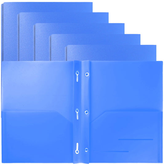 Youngever 6 Pack Heavy Duty Plastic Two Pocket Folders with 3 Prongs, Metal Prongs Fastener, Heavy Duty Plastic 2 Pocket Folder (Blue)