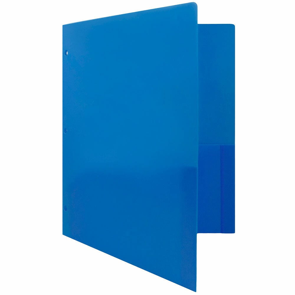 JAM Paper Heavy Duty Plastic 3 Hole Punch Pocket Folders, Extra Tough, Blue, Bulk 48/Pack
