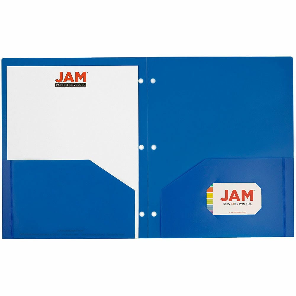 JAM Paper Heavy Duty Plastic 3 Hole Punch Pocket Folders, Extra Tough, Blue, Bulk 48/Pack
