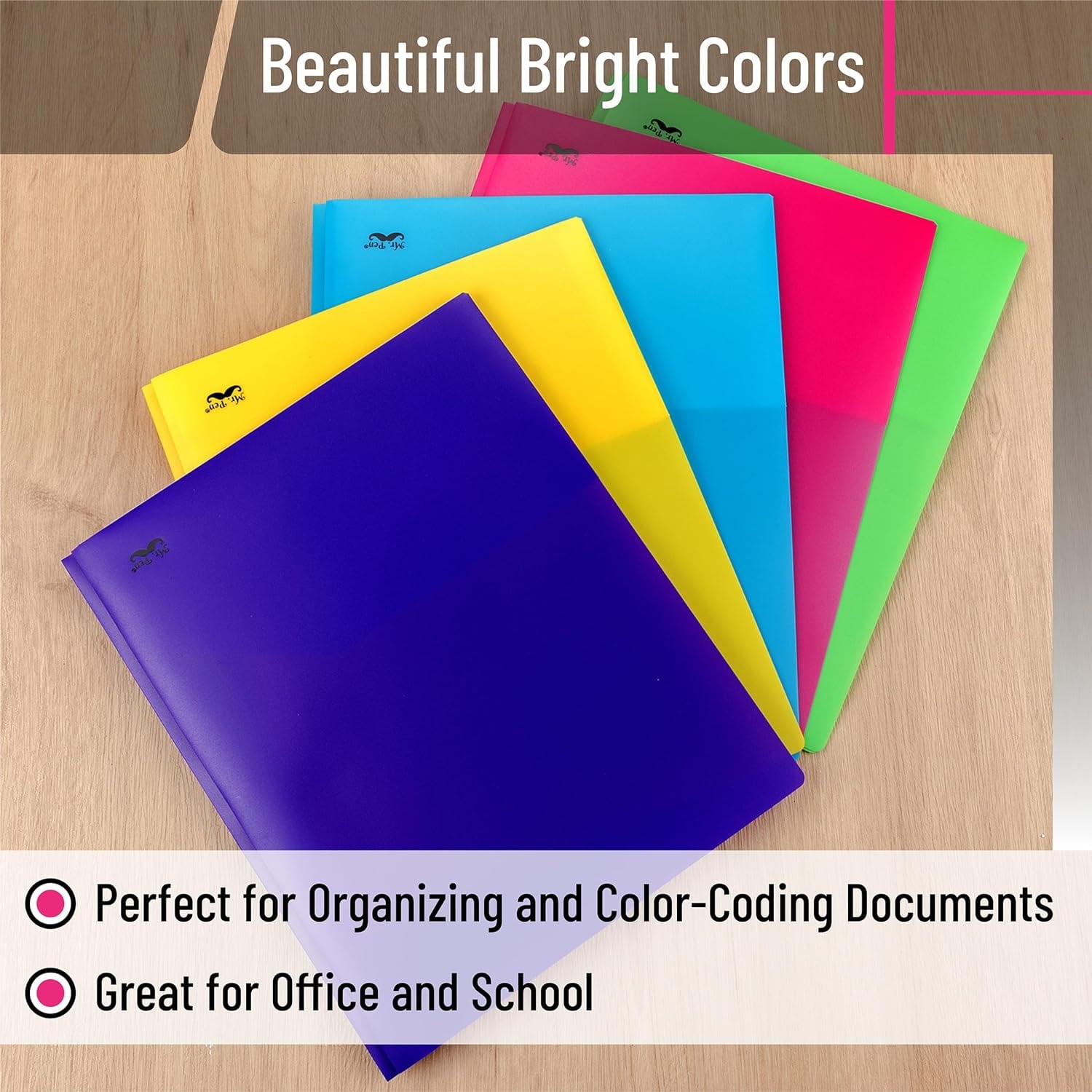 Mr. Pen- Plastic Folders with Pockets and Prongs, 15 Pack, Vibrant Colors, Pocket Folders, Folders with Prongs