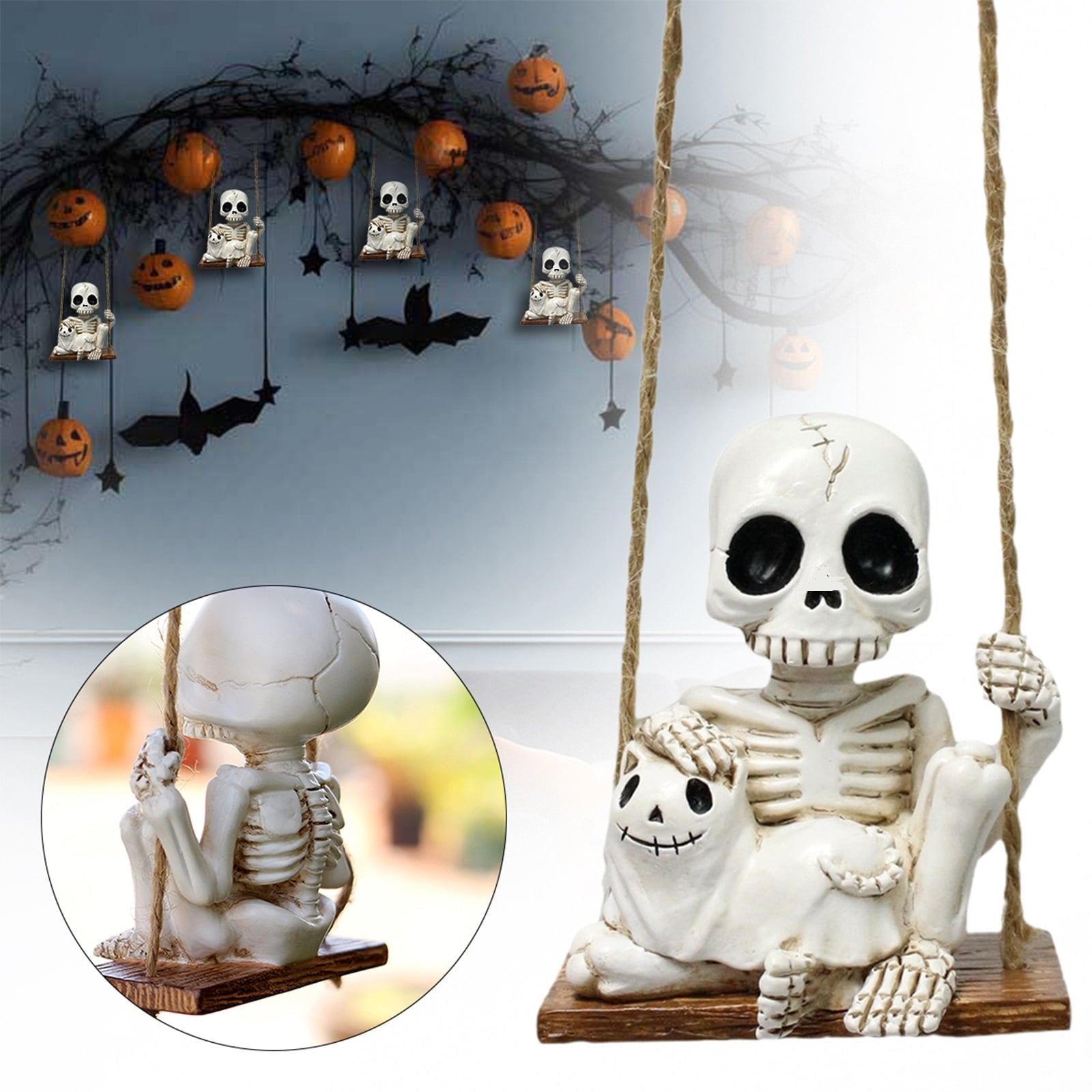 Halloween Skeleton Swing Decoration with Ghost Cat | Resin Garden Statue 3.15in | Outdoor Halloween Decor, Patio & Porch Hanging Ornament