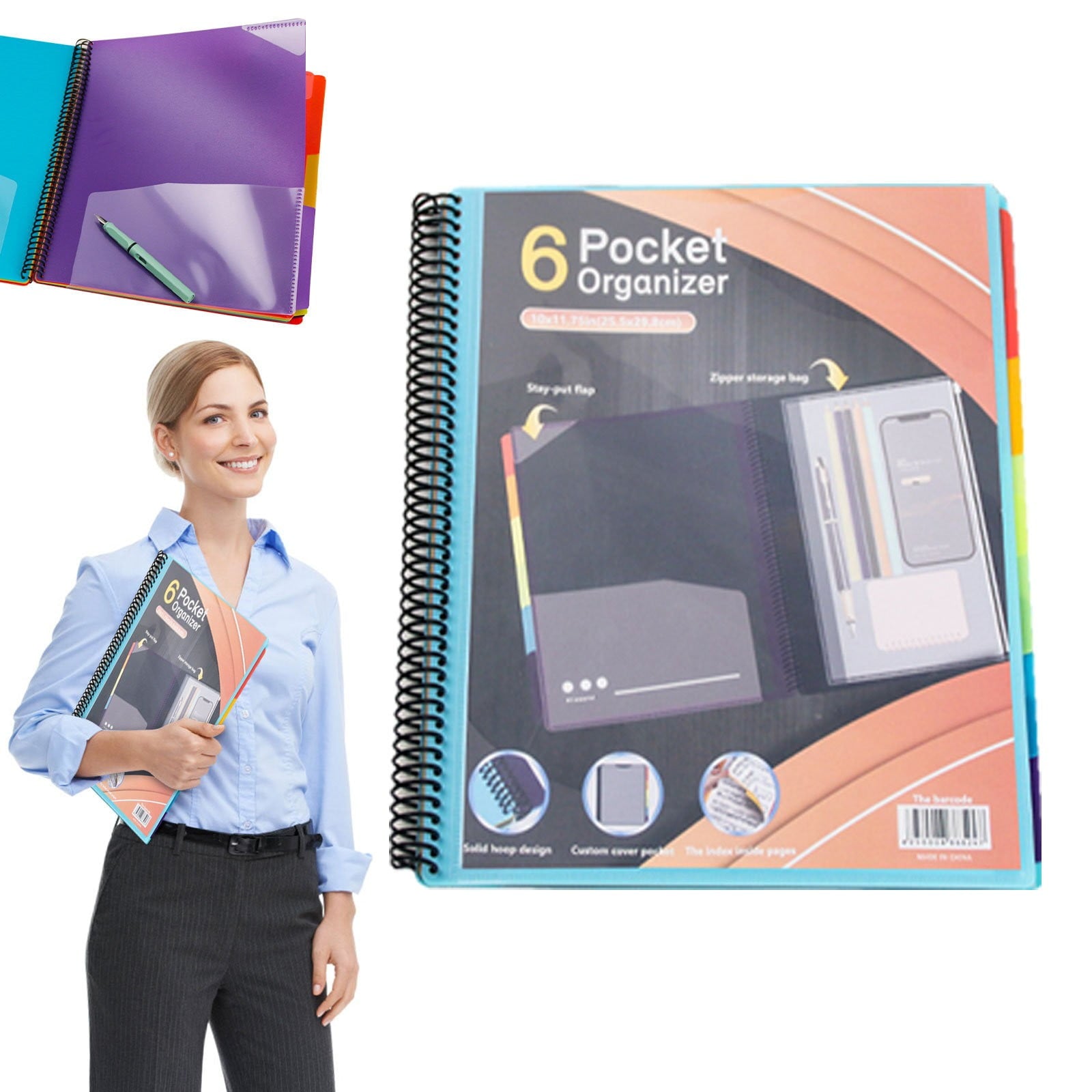 witspace 6/12 Pocket Poly Project Organizer, Round Tab Binder Organizer Spiral Project Folder Multi Pocket Folder Binder with Pockets Letter Size, Back Cover Utility Pouch, School Supplies