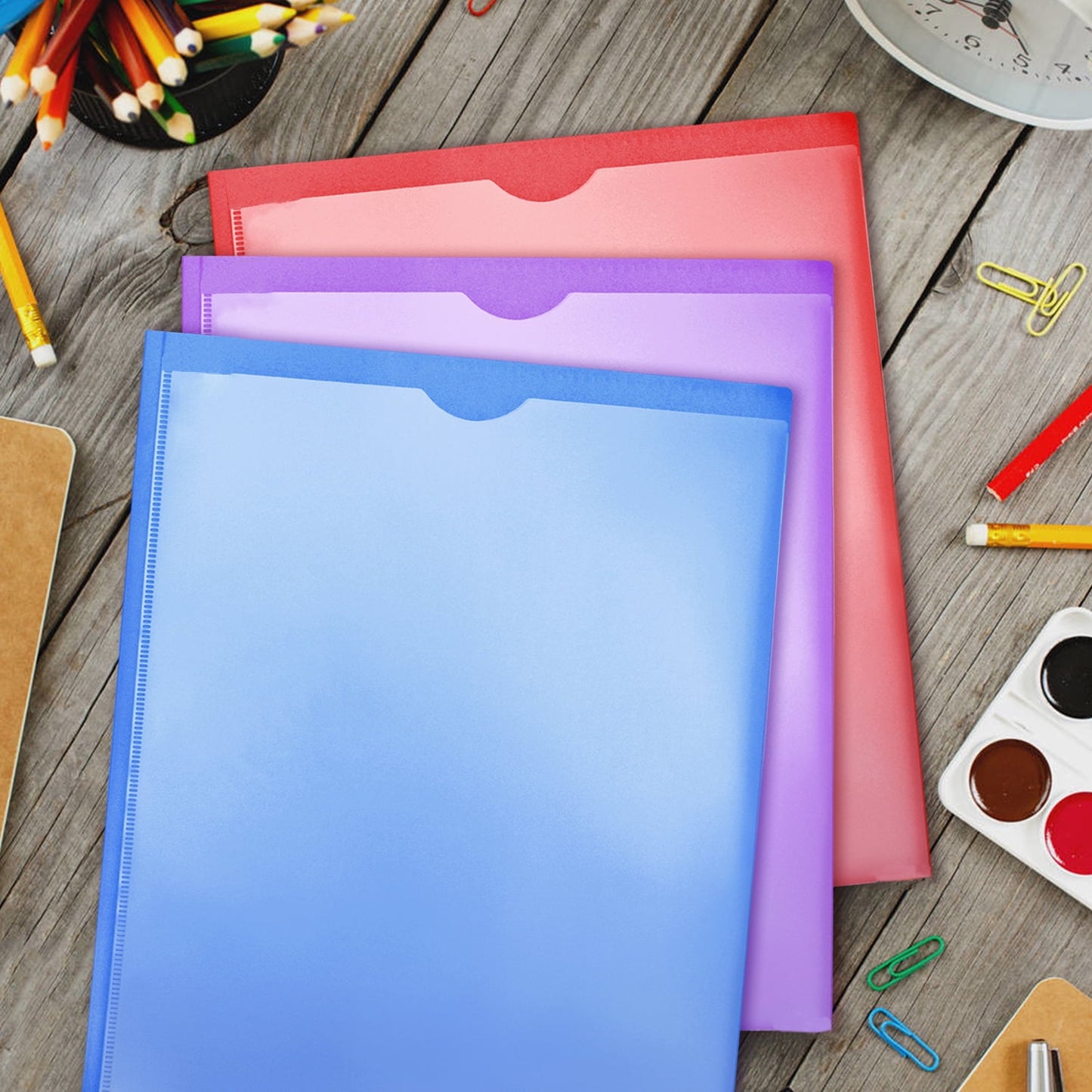 RYWESNIY 3 Prong Pocket Folders with Clear Front Pocket ,Heavy Duty Plastic Folders ,Assorted Colors,8 Pack