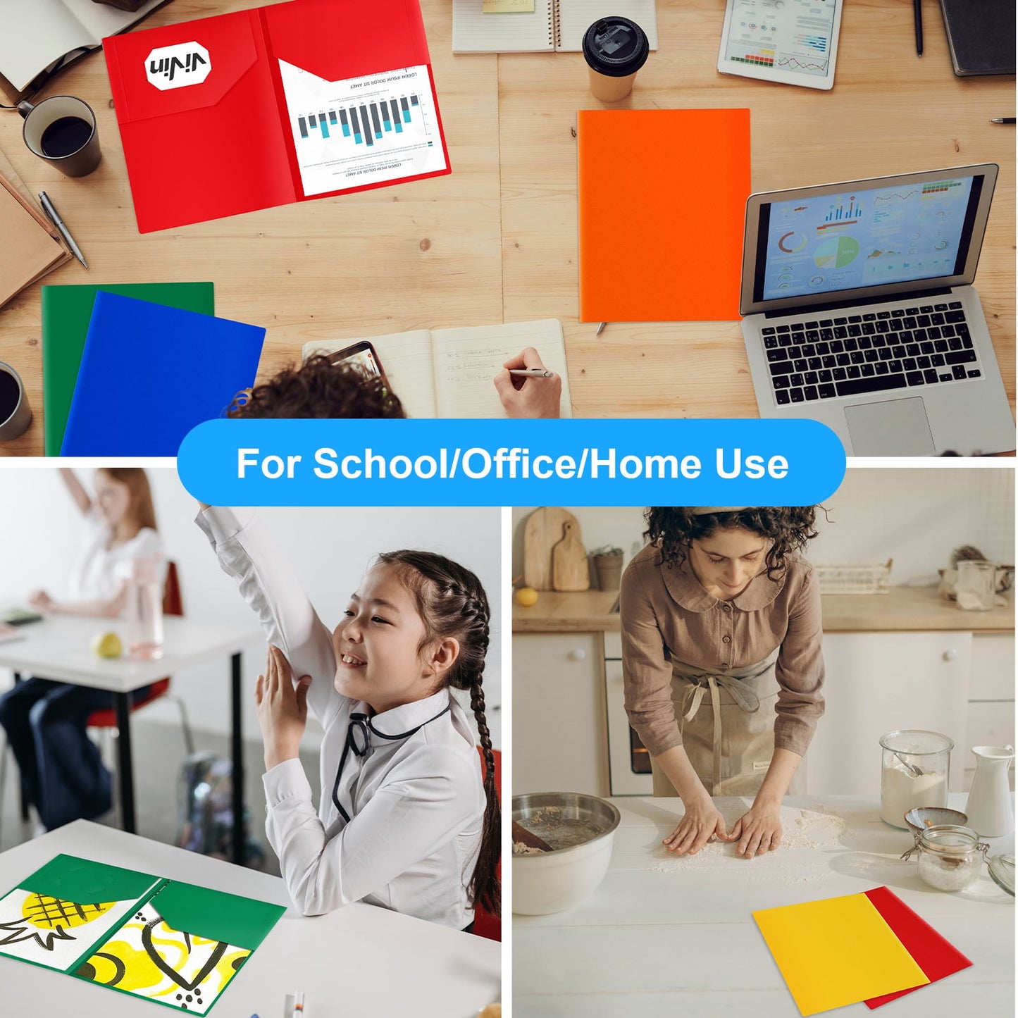 ViVin Plastic Folders with Pockets 60PCS, File Folders School Supplies, Assorted Colors