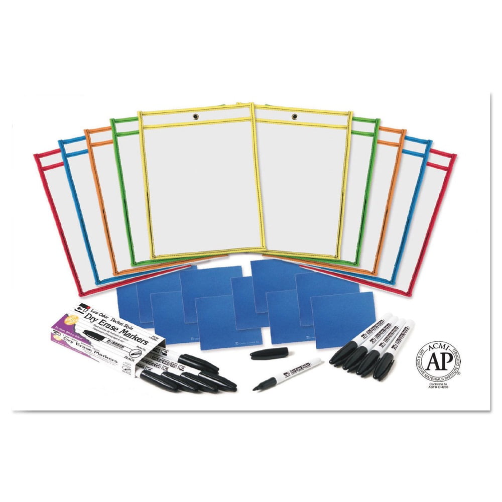 Charles Leonard 29130 10.5 in. x 1.5 in. Dry Erase Pocket Class Pack Kit - Assorted (10/Kit)