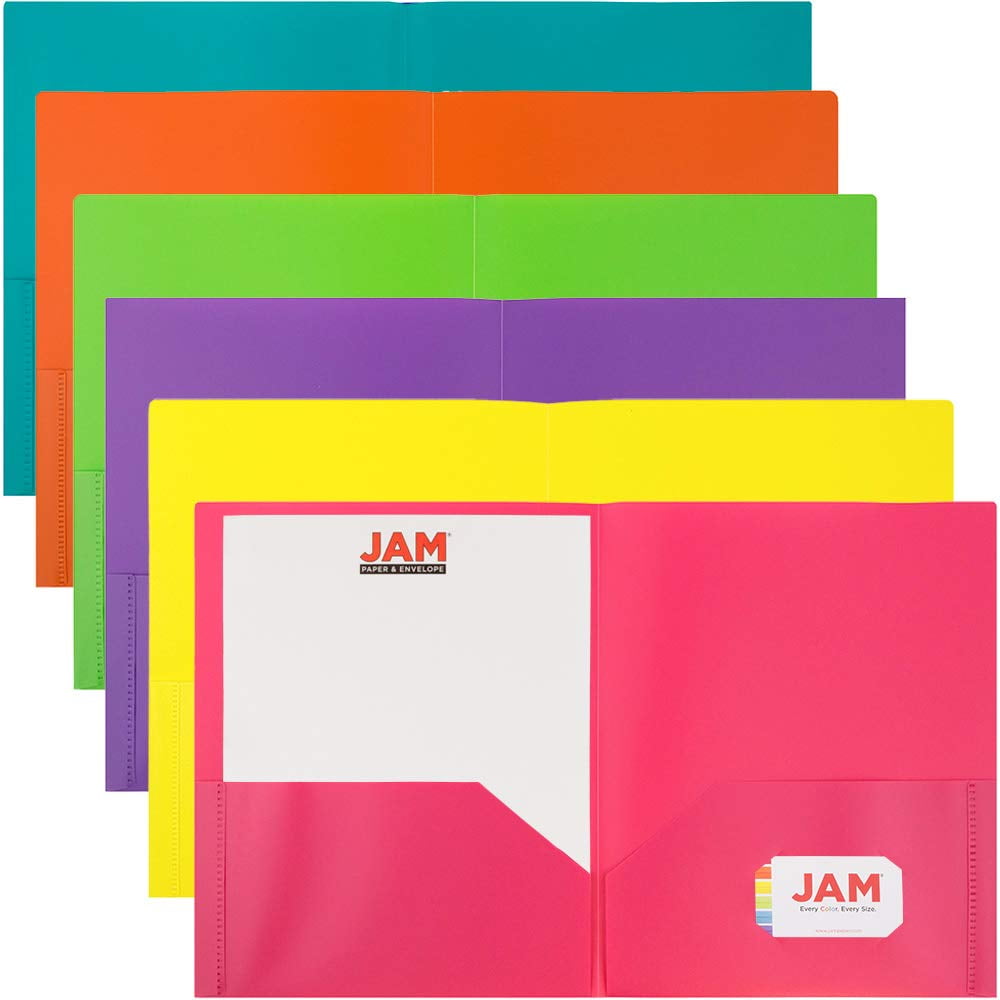 JAM Paper Plastic 2 Pocket Folders, Assorted Fashion Colors, 6 per Pack