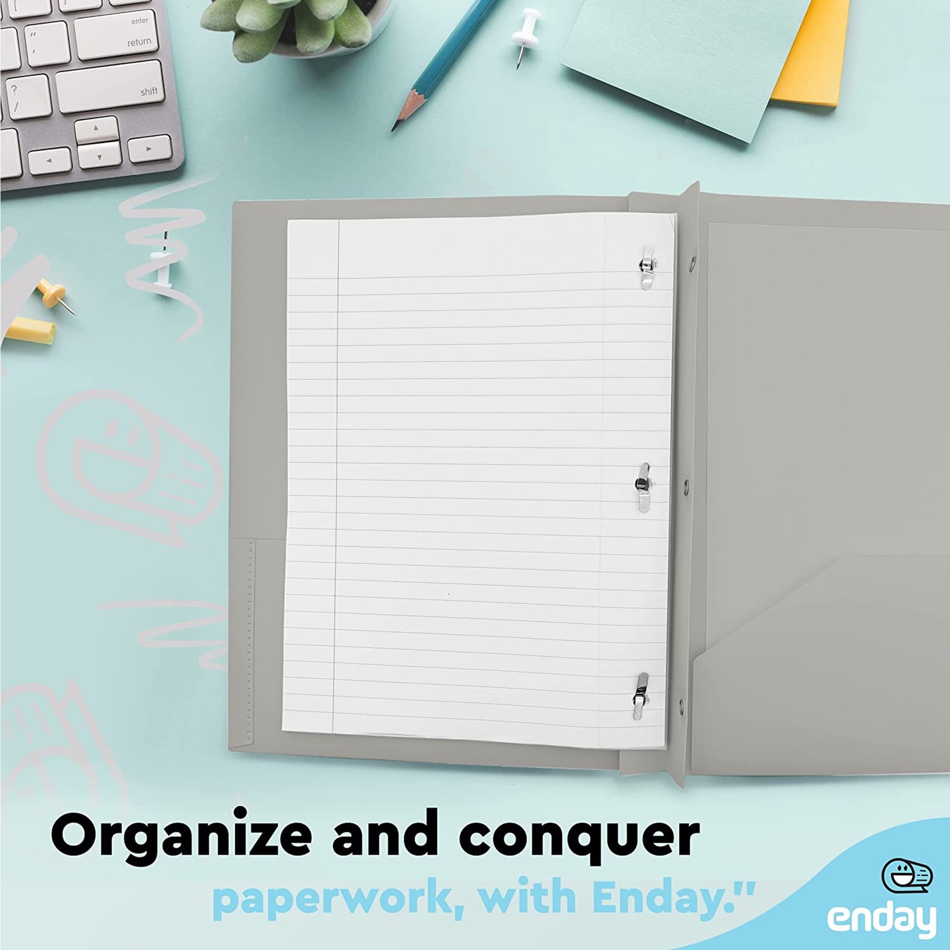 Enday Folder with Pockets and Prongs 2 Pocket Portfolio Folder for School and Office Gray