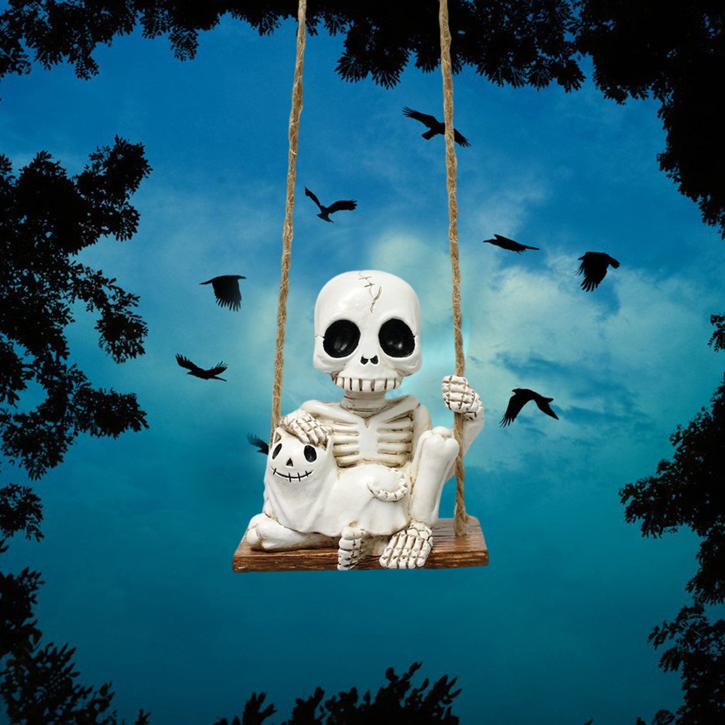 Halloween Skeleton Swing Decoration with Ghost Cat | Resin Garden Statue 3.15in | Outdoor Halloween Decor, Patio & Porch Hanging Ornament